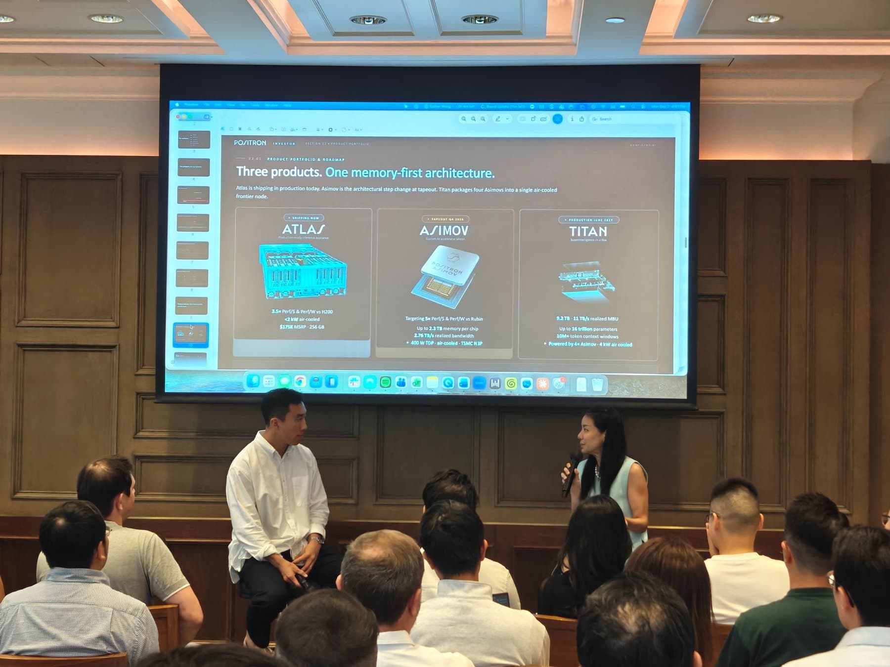 3C's expert sharing session with Positron: two speakers in front of a screen showing Positron's slide on its Atlas, Asimov and Titan products